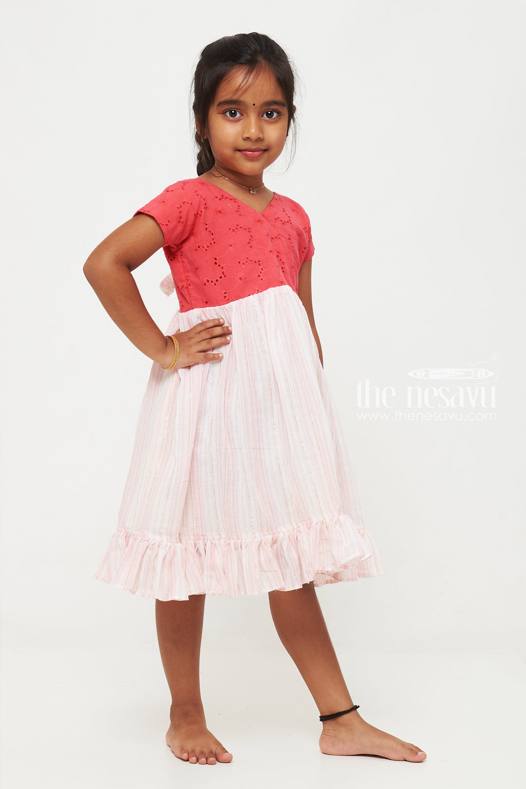 The Nesavu Girls Cotton Frock Red and Pink Cotton Hakoba Yoke Casual Frock for Girls Nesavu Red and Pink Cotton Hakoba Yoke Casual Frock for Girls - Comfortable & Stylish