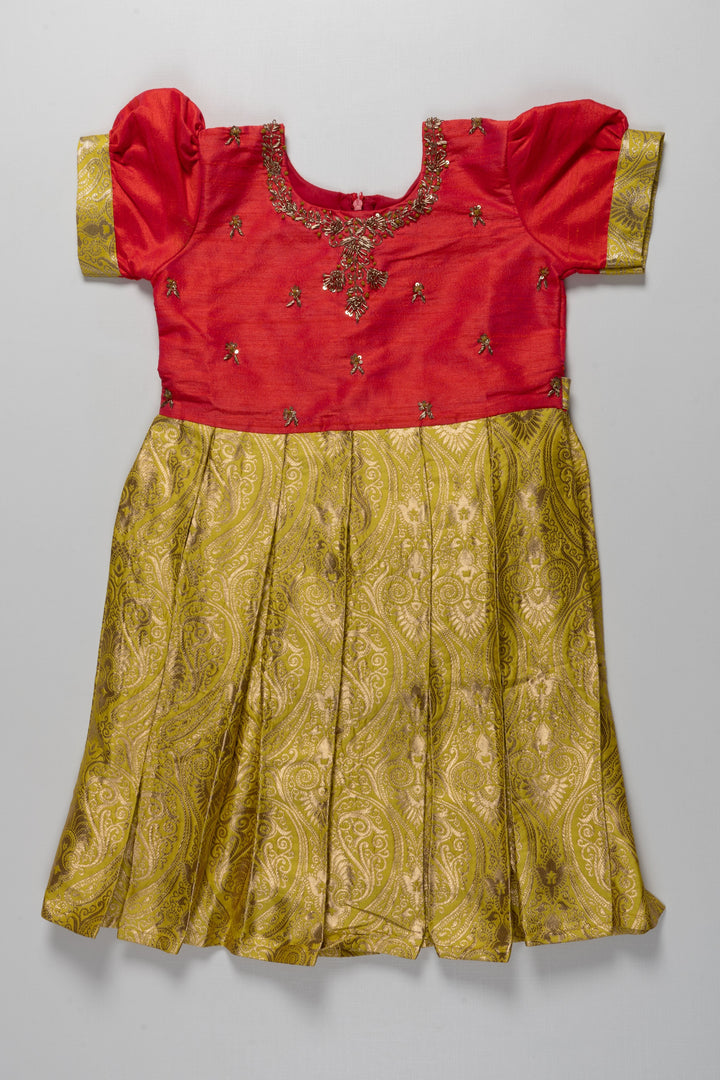 The Nesavu Silk Party Frock Red and Yellow Banarasi Semi-Silk Dress for Girls - Perfect for Navratri and Diwali Nesavu 16 (1Y) / Yellow / Silk Blend SF781B-16 Red and Yellow Banarasi Semi-Silk Dress for Girls - Navratri and Diwali