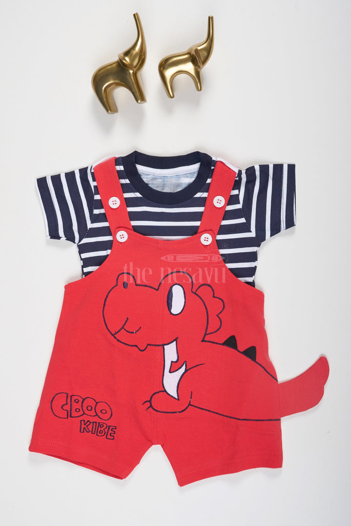 The Nesavu Baby Dungarees Red Baby Dungarees with Dinosaur Graphic and Striped T-Shirt for Boys Nesavu 12 (3M) / Red BCS141B-12 Red Baby Dungarees Dinosaur Tail Black Striped T-Shirt Nesavu Boys Fun Stylish Outfit