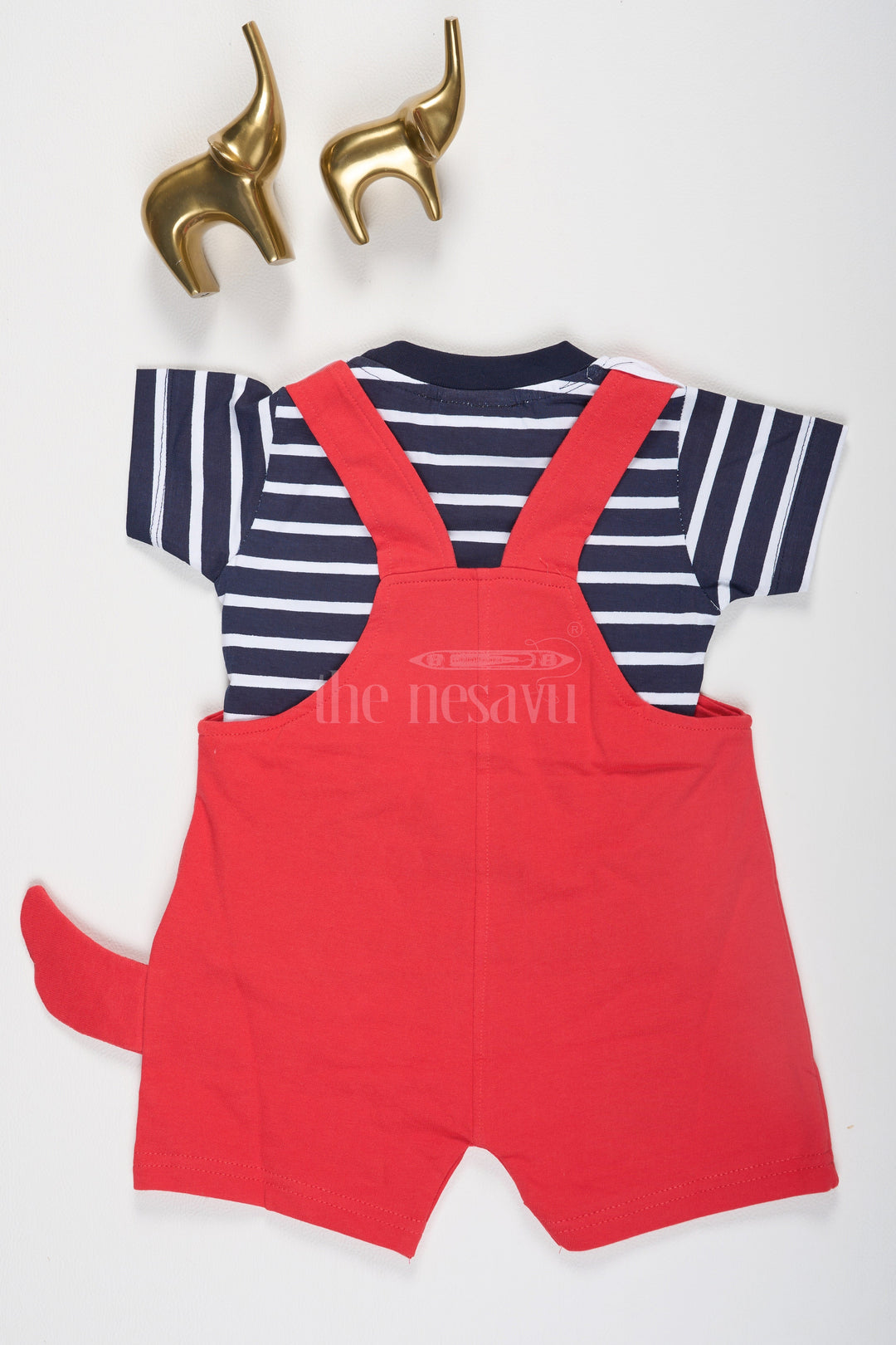 The Nesavu Baby Dungarees Red Baby Dungarees with Dinosaur Graphic and Striped T-Shirt for Boys Nesavu Red Baby Dungarees Dinosaur Tail Black Striped T-Shirt Nesavu Boys Fun Stylish Outfit