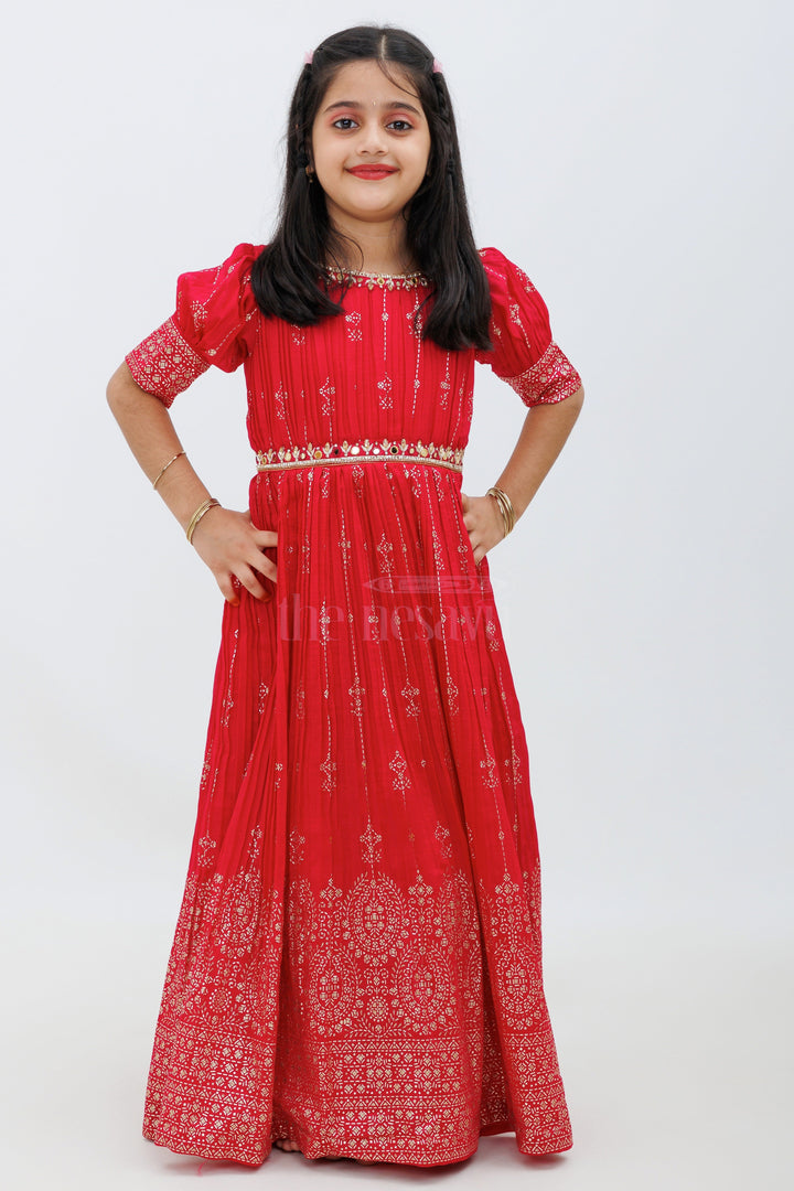 The Nesavu Girls Silk Gown Red Bamboo Silk Gown with Puff Sleeves and Embroidered Waistline Nesavu Red Bamboo Silk Gown with Puff Sleeves - Nesavu