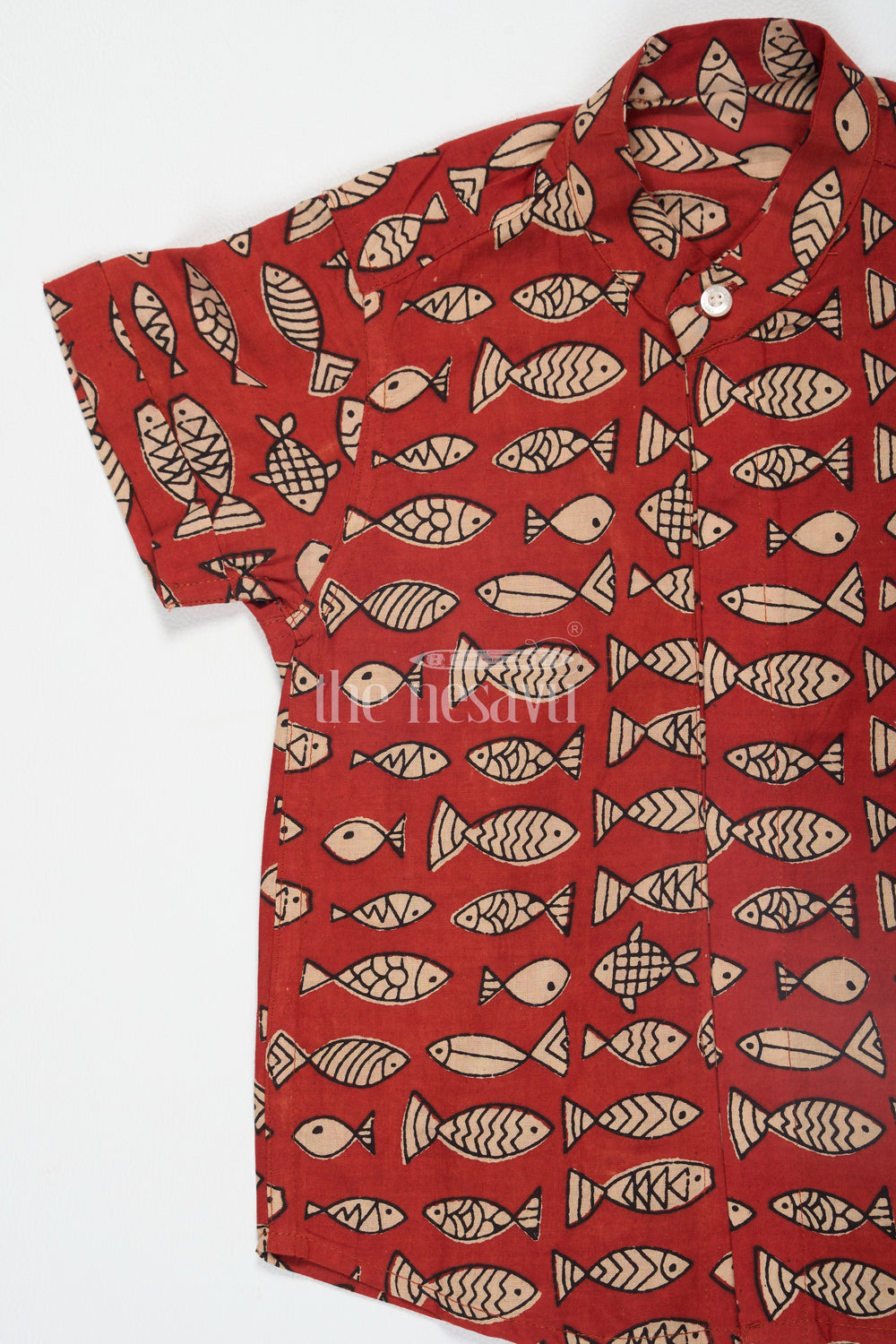 The Nesavu Boys Cotton Shirt Red Boys Ajarak Block Printed Cotton Shirt Half Sleeves with Fish Motif Comfortable and Stylish Nesavu Red Ajarak Block Print Boys Cotton Shirt Nesavu Fish Motif Half Sleeves Stylish Casual Wear