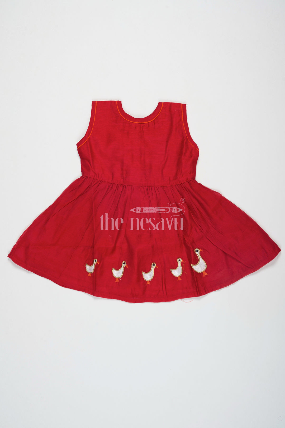 The Nesavu Girls Cotton Frock Red Chanderi Cotton Frock for Girls with Duck Embroidery – Playful Casual Dress Nesavu 16 (1Y) / Red GFC1440A-16 Red Chanderi Cotton Frock Girls Duck Embroidery Playful Casual Nesavu