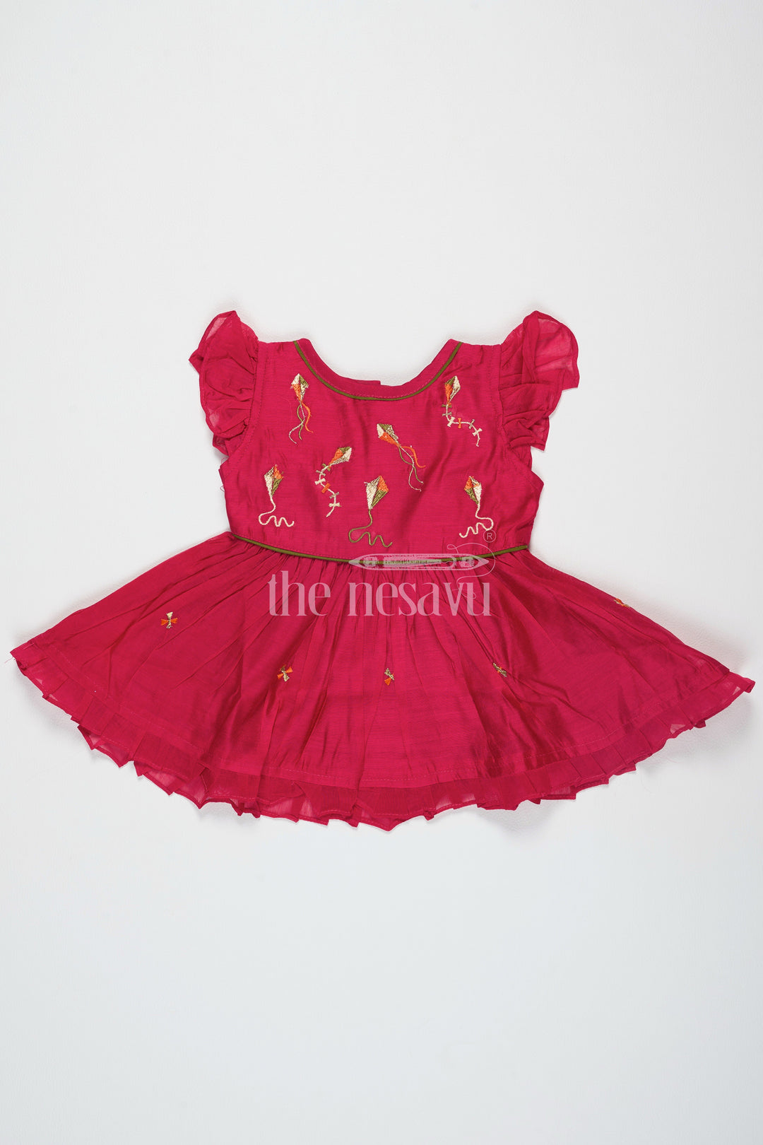 The Nesavu Girls Cotton Frock Red Chanderi Cotton Frock for Girls with Kite Embroidery – Fun and Playful Festive Outfit Nesavu 12 (3M) / Red GFC1443A-12 Red Chanderi Cotton Frock Kite Embroidery Girls Playful Festive Wear Nesavu