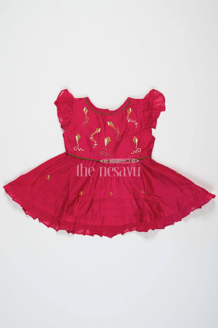 The Nesavu Girls Cotton Frock Red Chanderi Cotton Frock for Girls with Kite Embroidery – Fun and Playful Festive Outfit Nesavu 12 (3M) / Red GFC1443A-12 Red Chanderi Cotton Frock Kite Embroidery Girls Playful Festive Wear Nesavu