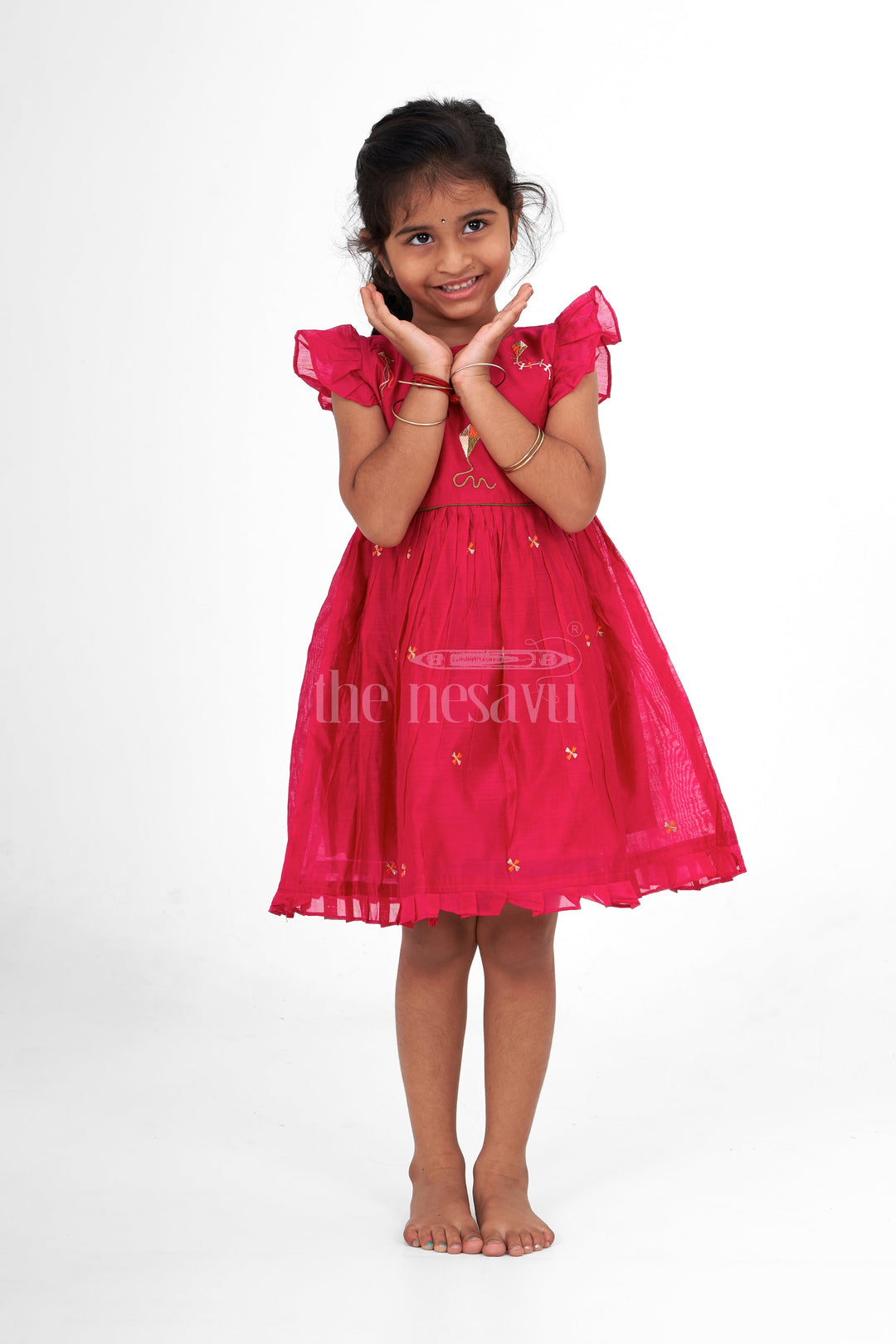 The Nesavu Girls Cotton Frock Red Chanderi Cotton Frock for Girls with Kite Embroidery – Fun and Playful Festive Outfit Nesavu 12 (3M) / Red GFC1443A-12 Red Chanderi Cotton Frock Kite Embroidery Girls Playful Festive Wear Nesavu