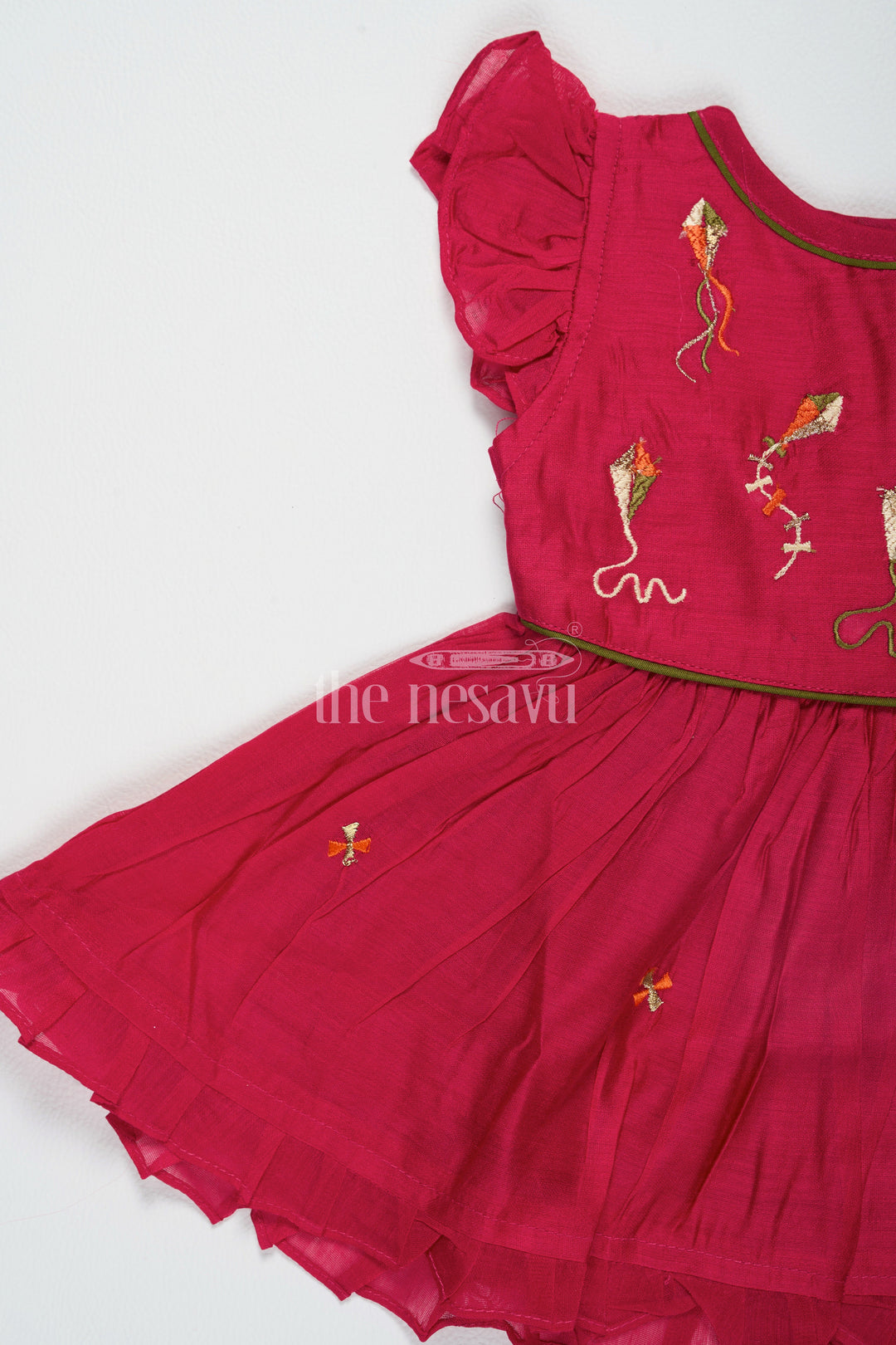 The Nesavu Girls Cotton Frock Red Chanderi Cotton Frock for Girls with Kite Embroidery – Fun and Playful Festive Outfit Nesavu Red Chanderi Cotton Frock Kite Embroidery Girls Playful Festive Wear Nesavu