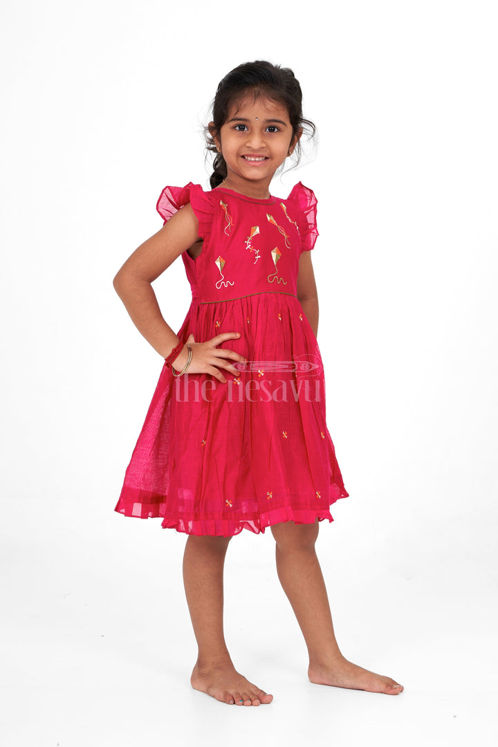 The Nesavu Girls Cotton Frock Red Chanderi Cotton Frock for Girls with Kite Embroidery – Fun and Playful Festive Outfit Nesavu Red Chanderi Cotton Frock Kite Embroidery Girls Playful Festive Wear Nesavu