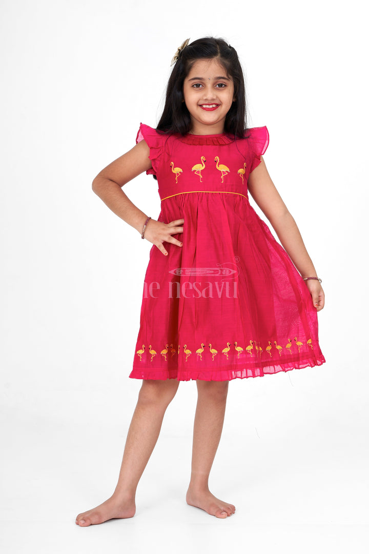 The Nesavu Girls Cotton Frock Red Chanderi Girls Party Frock with Gold Flamingo Embroidery Elegant and Festive Wear Nesavu 16 (1Y) / Red GFC1466A-16 Nesavu Red Girls Party Frock Gold Flamingo Embroidery Exquisite Chanderi Festive Dress Girls