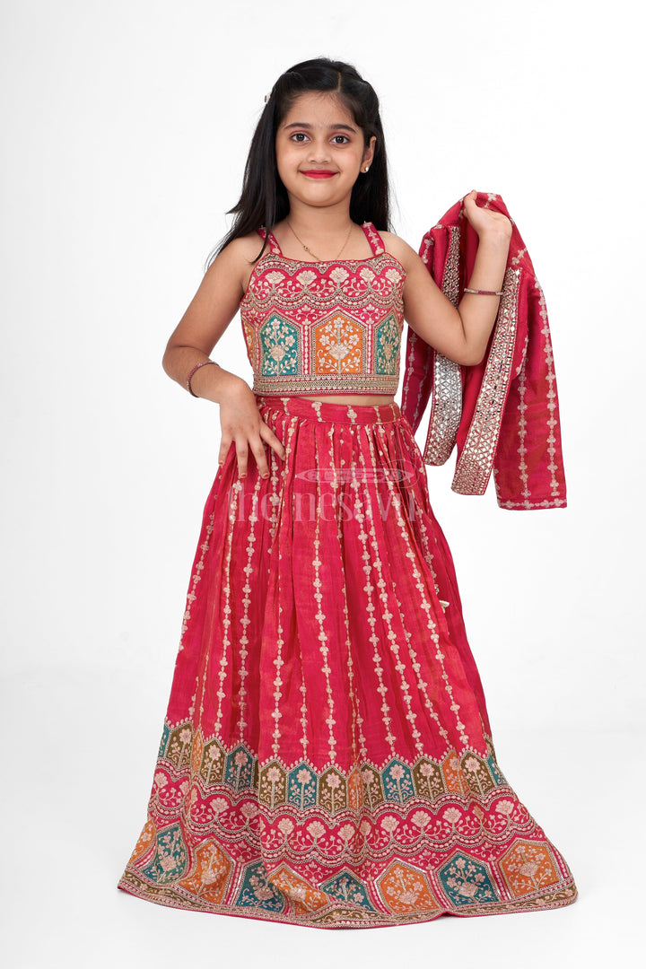 The Nesavu Girls Lehenga Choli Red Dress for Christmas Party Featuring Elegant Placement Print on Pure Viscose Silk Nesavu 24 (5Y) / Red GL544A-24 Nesavu Red Dress Christmas Party Elegant Placement Prints Viscose Silk