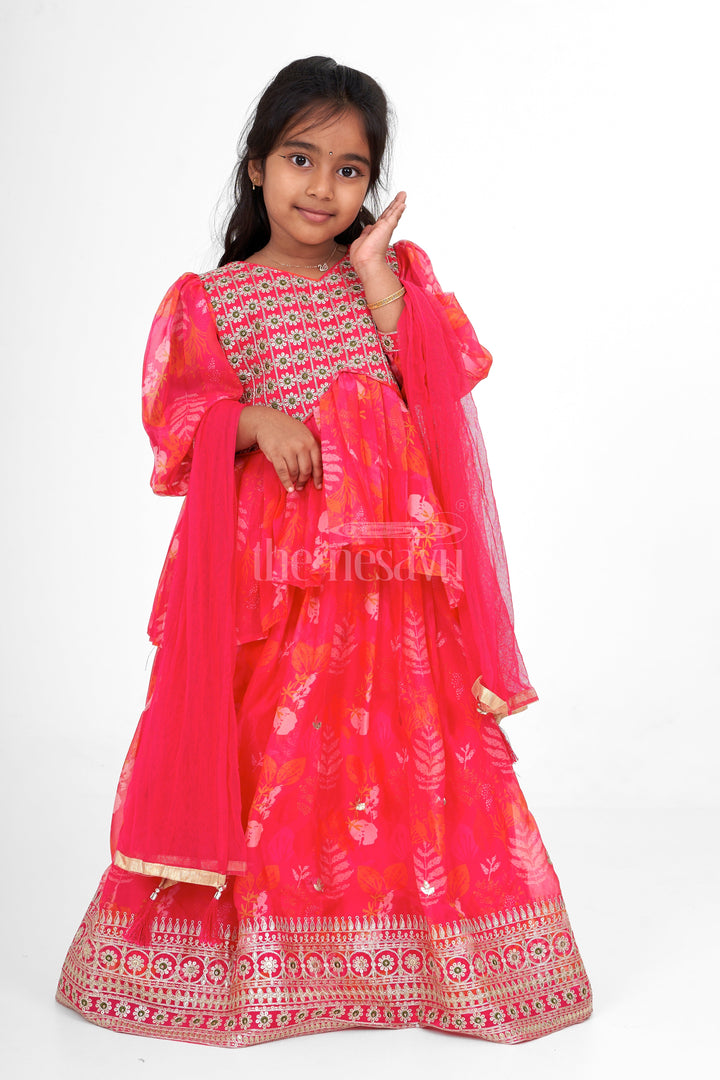 The Nesavu Girls Lehenga Choli Red Girls Lehenga Choli with Floral Embroidery and Puffy Sleeves for Festive Events Nesavu 24 (5Y) / Red GL502A-24 Nesavu Red Girls Lehenga Choli Floral Embroidery Puffy Sleeves Special Occasions