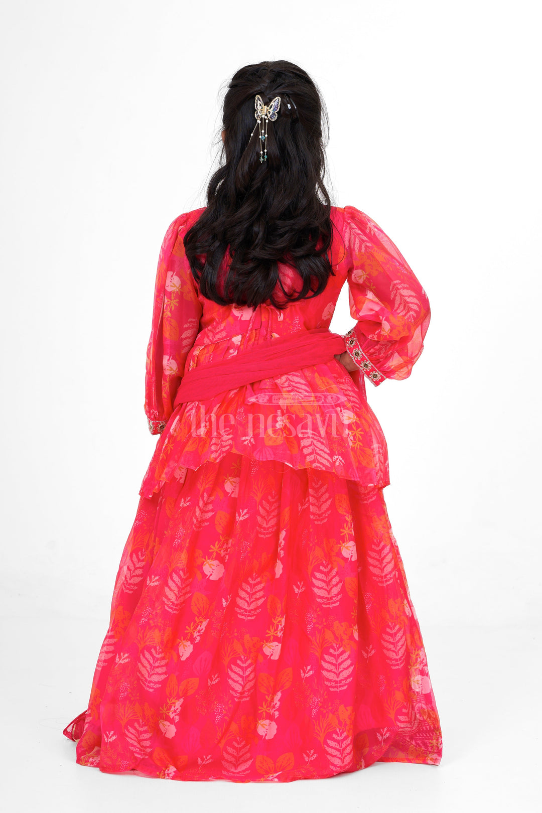 The Nesavu Girls Lehenga Choli Red Girls Lehenga Choli with Floral Embroidery and Puffy Sleeves for Festive Events Nesavu Nesavu Red Girls Lehenga Choli Floral Embroidery Puffy Sleeves Special Occasions