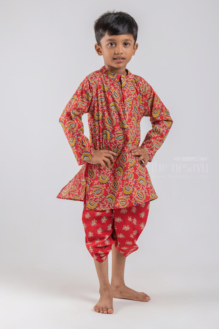 The Nesavu Boys Dothi Set Red Leaf All Over Printed Mandarin Collar Kurta with Matching Red Leaf Printed Dhoti Set for Boys psr silks Nesavu 14 (6M) / Red / Cotton BES335A