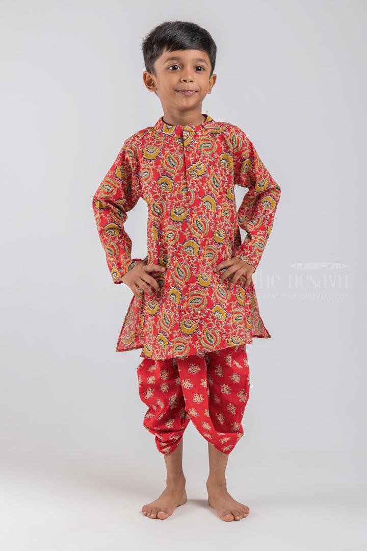 The Nesavu Boys Dothi Set Red Leaf All Over Printed Mandarin Collar Kurta with Matching Red Leaf Printed Dhoti Set for Boys psr silks Nesavu