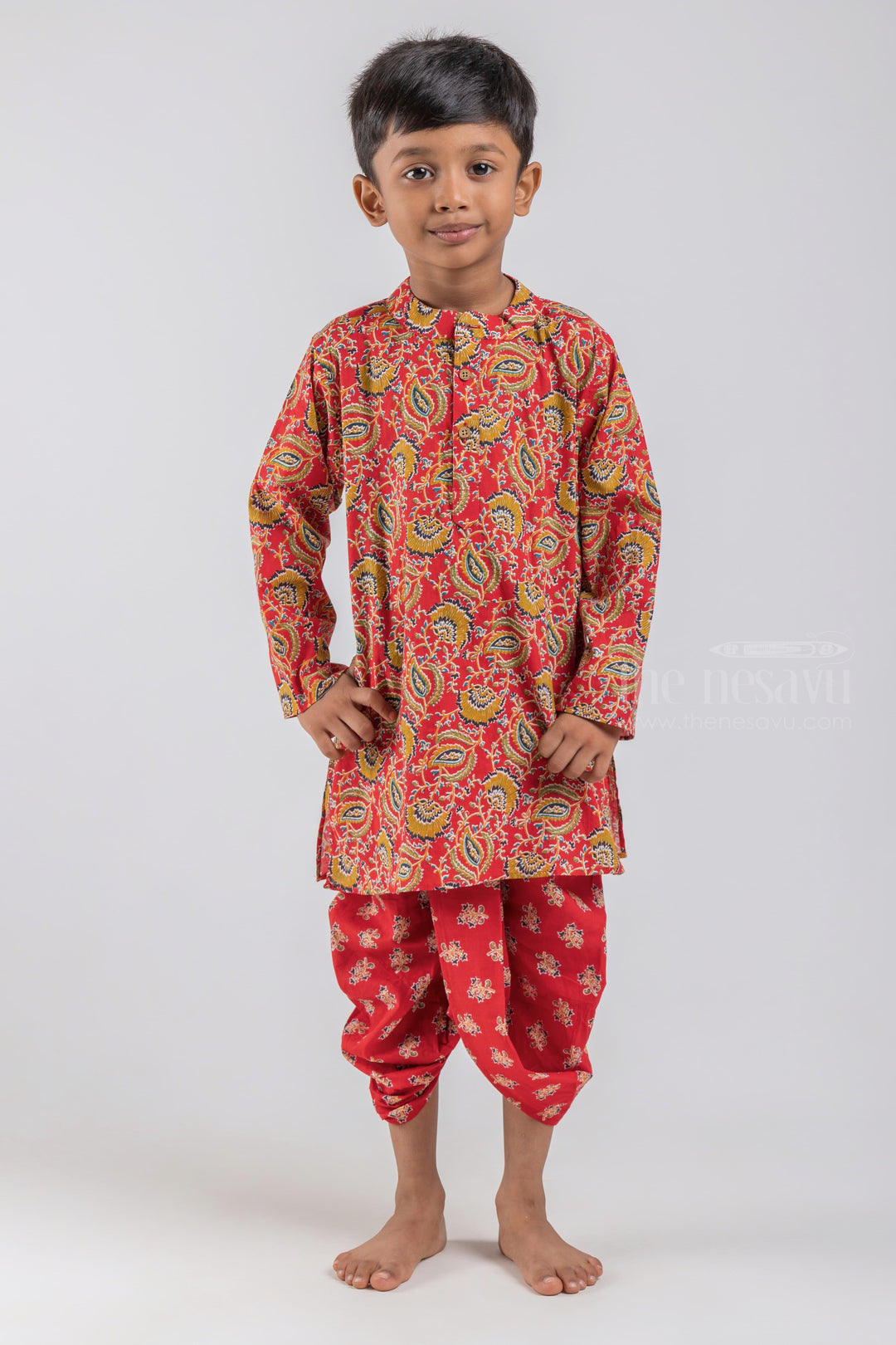 The Nesavu Boys Dothi Set Red Leaf All Over Printed Mandarin Collar Kurta with Matching Red Leaf Printed Dhoti Set for Boys psr silks Nesavu