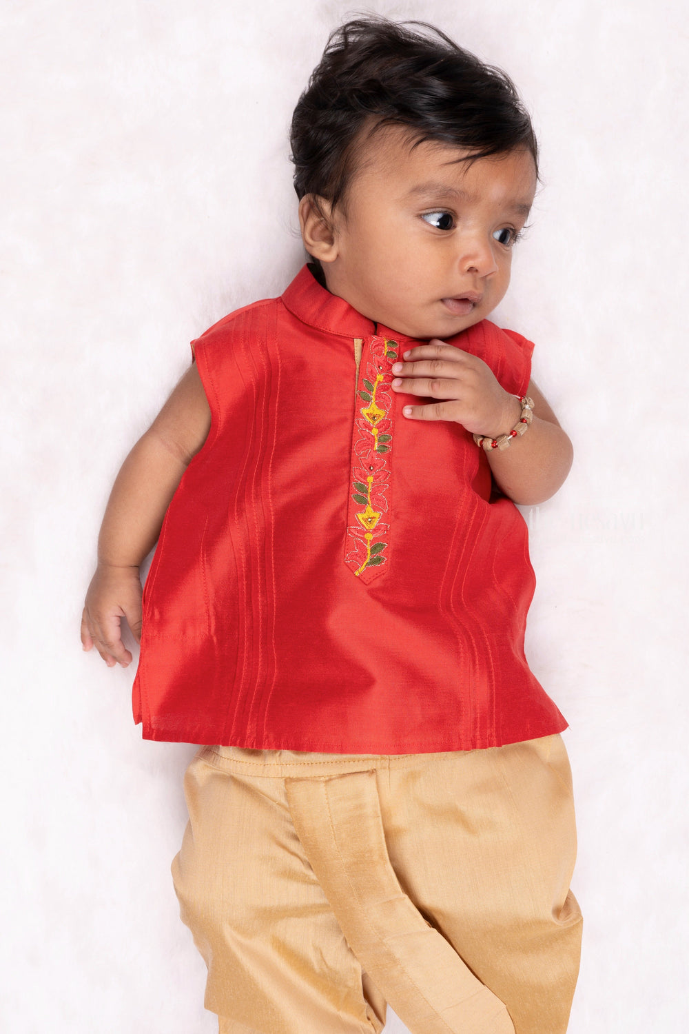 The Nesavu Boys Dothi Set Red Radiance: Exquisite Floral Embroidered Shirt & Beige Panchagajam Combo for Boys Nesavu Boys Indian Traditional Dress | Ethnic Shirt with panchagajam Set | The Nesavu