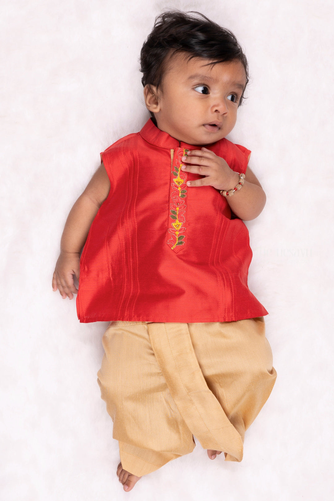 The Nesavu Boys Dothi Set Red Radiance: Exquisite Floral Embroidered Shirt & Beige Panchagajam Combo for Boys Nesavu Boys Indian Traditional Dress | Ethnic Shirt with panchagajam Set | The Nesavu