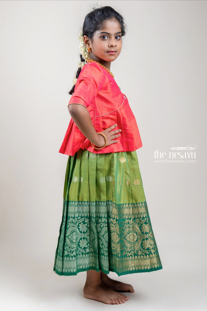 The Nesavu Silk Gown Red Semi-Silk Overcoat and Green Kanchivaram Designer Silk Anarkali Dress Nesavu Red Semi-Silk Overcoat and Green Kanchivaram Designer Silk Anarkali Dress | The Nesavu