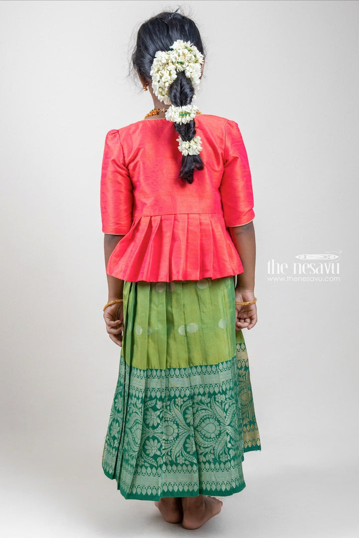 The Nesavu Silk Gown Red Semi-Silk Overcoat and Green Kanchivaram Designer Silk Anarkali Dress Nesavu Red Semi-Silk Overcoat and Green Kanchivaram Designer Silk Anarkali Dress | The Nesavu