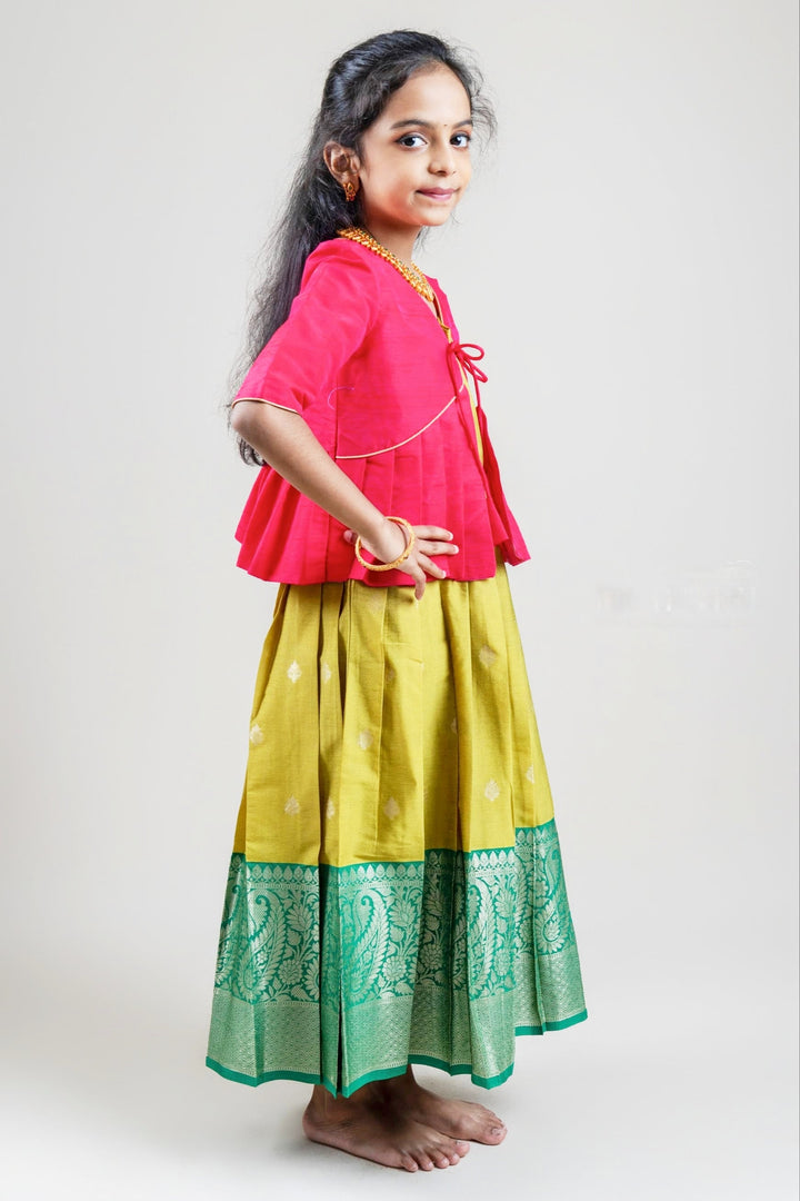 The Nesavu Girls Silk Gown Red Silk Cotton Overcoat with Knife Pleated and Green Butta Printed Silk Cotton Gown Nesavu 14 (6M) / Green / Cotton Silk GA139A-14 Girls Casual Cotton Wear Collection | The Nesavu