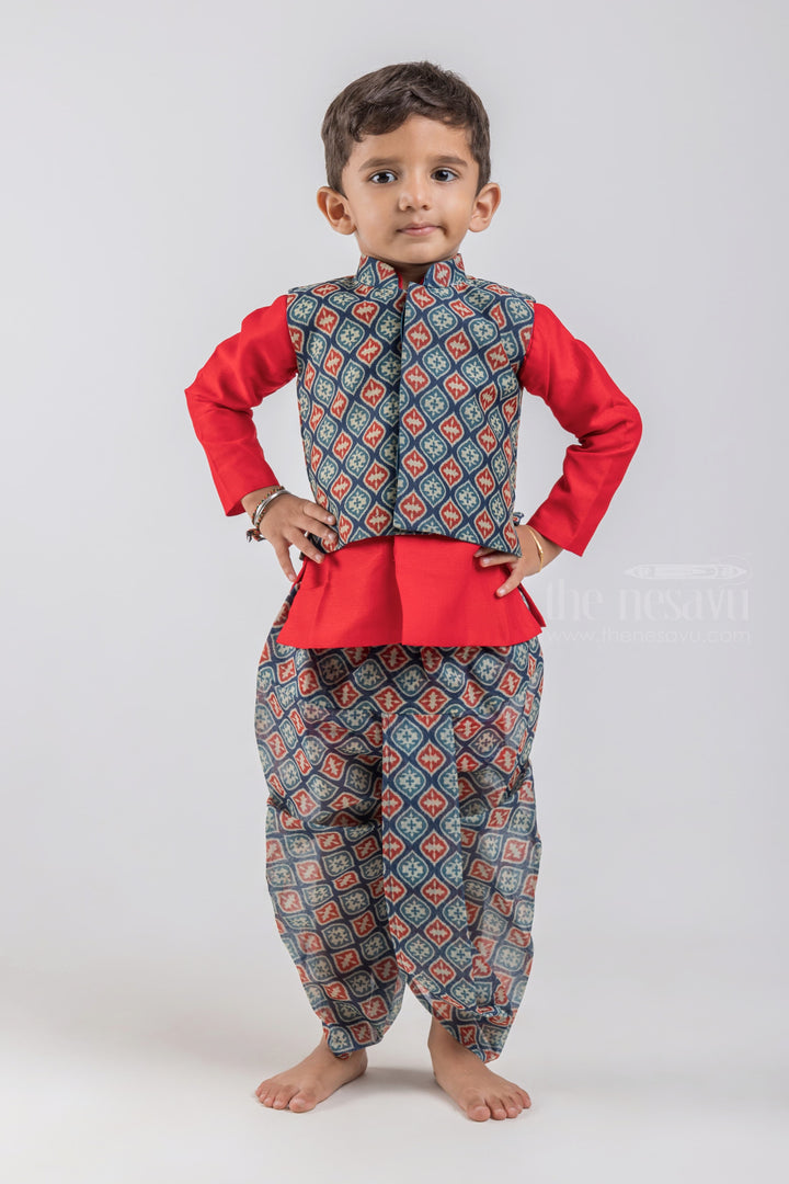 The Nesavu Boys Dothi Set Red Solid Silk Cotton Kurta with Blue Mughal Printed Dhoti and Overcoat for Boys psr silks Nesavu