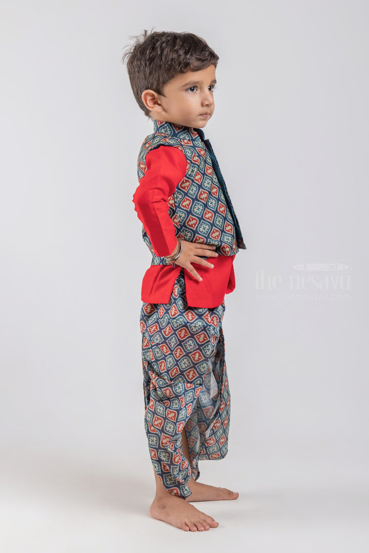 The Nesavu Boys Dothi Set Red Solid Silk Cotton Kurta with Blue Mughal Printed Dhoti and Overcoat for Boys psr silks Nesavu