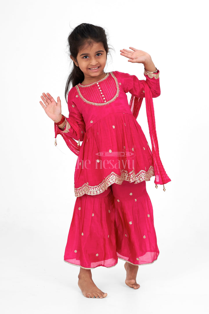 The Nesavu Girls Sharara / Plazo Set Red Viscose Silk Girls Sharara Set with Gold Embroidery and Scalloped Hem Design Nesavu 16 (1Y) / Red GPS429B-16 Nesavu Girls Red Viscose Silk Sharara Gold Embroidery Scalloped Hem Matching Dupatta