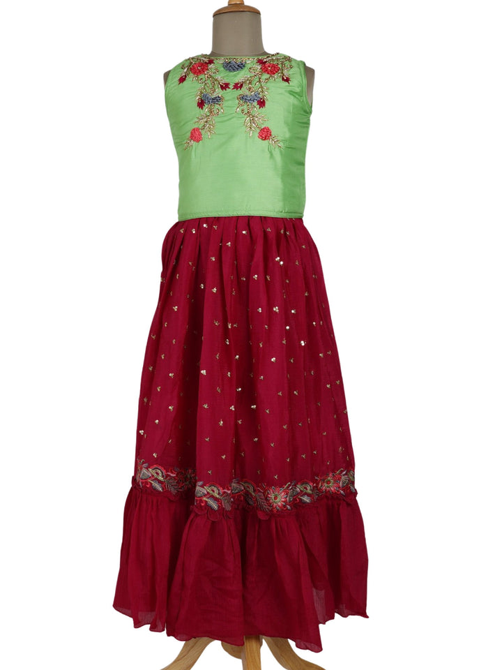 The Nesavu Lehenga & Ghagra Red Wine Fancy Lehenga With Pista Green Embroidery Top psr silks Nesavu 16 (1Y-2Y) / Deeppink GL131