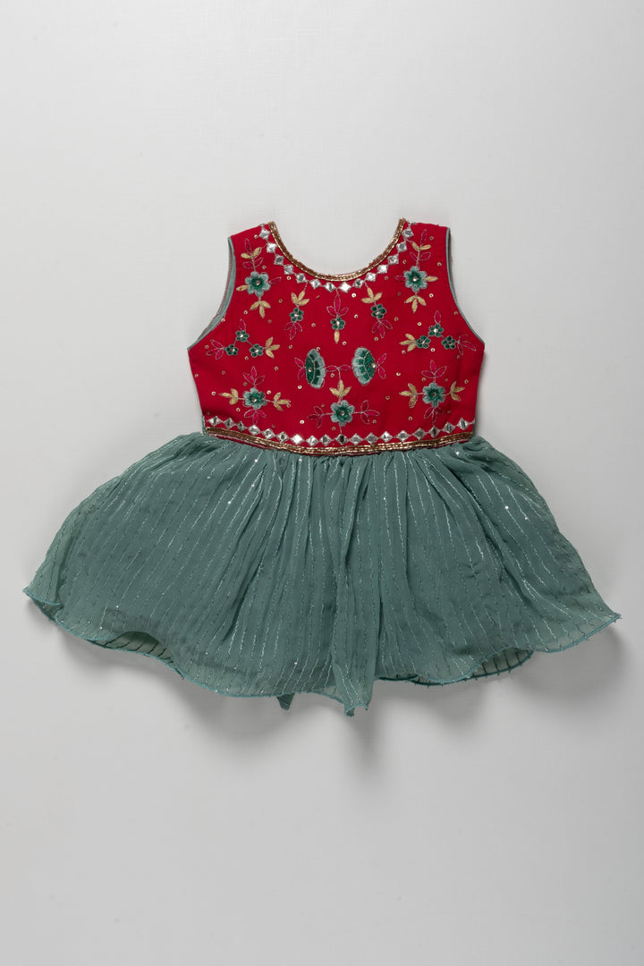 The Nesavu Girls Fancy Party Frock Red With Mint Green Embroidery Sequenced Party Wear Frock For Baby Girls Nesavu 12 (3M) / Green PF28-12 Party Wear Ethnic Gown Ideas | Stylish Party Frocks | The Nesavu