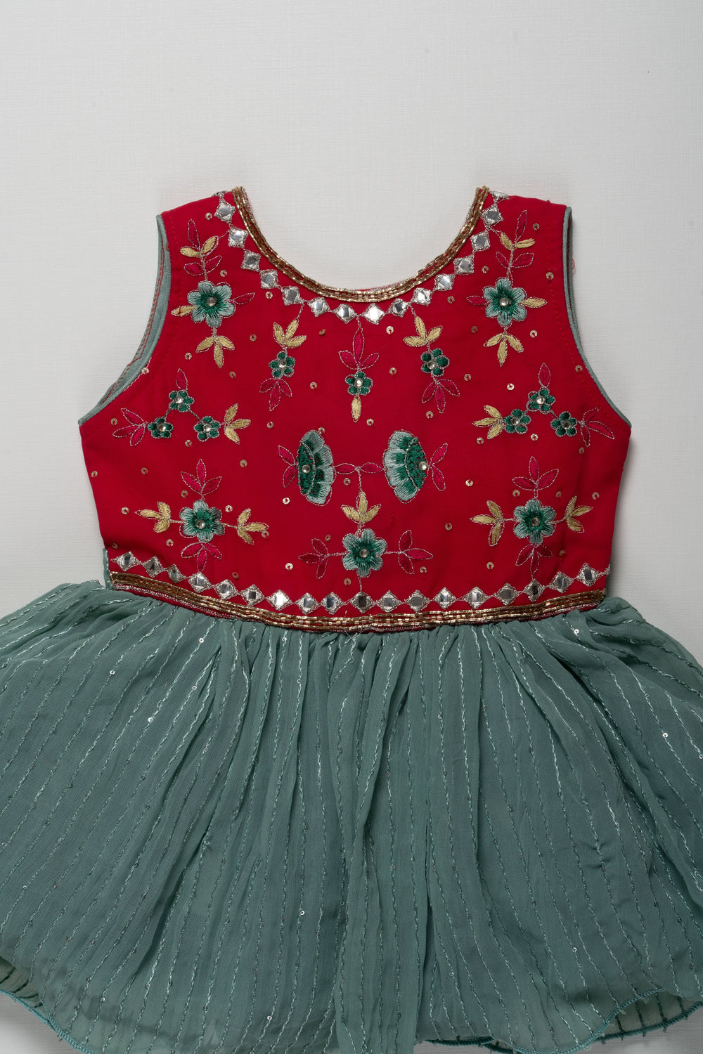 The Nesavu Girls Fancy Party Frock Red With Mint Green Embroidery Sequenced Party Wear Frock For Baby Girls Nesavu Party Wear Ethnic Gown Ideas | Stylish Party Frocks | The Nesavu