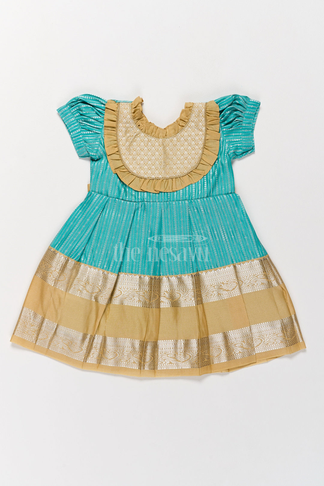 The Nesavu Girls Kanchi Silk Frock Regal Green and Gold Kanchi Silk Frock with Elegant Festive Appeal Nesavu 14 (6M) / Green / Style 1 SF821BA-14 Girls Green Gold Kanchi Silk Frock Pongal Celebrations Nesavu