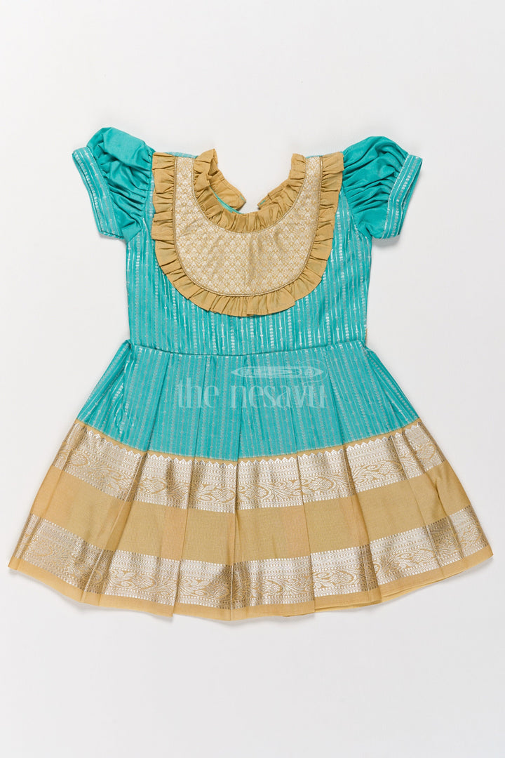 The Nesavu Girls Kanchi Silk Frock Regal Green and Gold Kanchi Silk Frock with Elegant Festive Appeal Nesavu 16 (1Y) / Green / Style 2 SF821BB-16 Girls Green Gold Kanchi Silk Frock Pongal Celebrations Nesavu