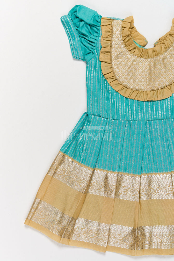 The Nesavu Girls Kanchi Silk Frock Regal Green and Gold Kanchi Silk Frock with Elegant Festive Appeal Nesavu Girls Green Gold Kanchi Silk Frock Pongal Celebrations Nesavu