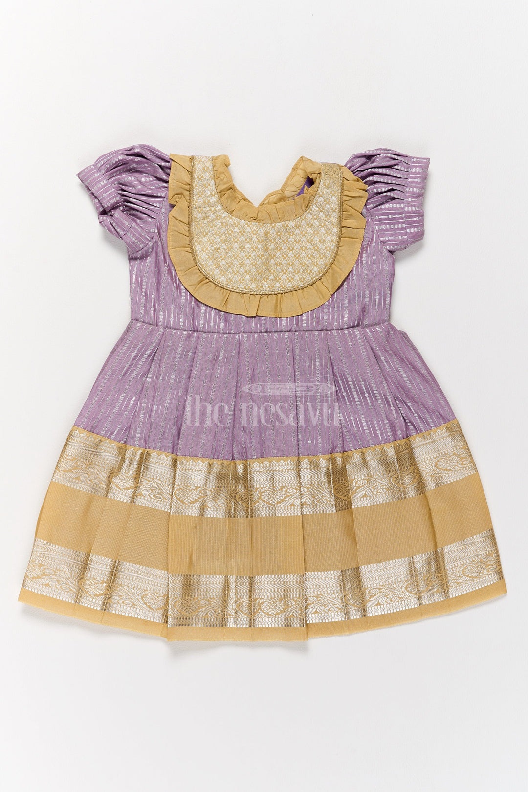 The Nesavu Girls Kanchi Silk Frock Regal Lavender Girls Kanchi Silk Frock with Gleaming Golden Zari Border for Pongal Nesavu 14 (6M) / Purple / Style 1 SF821FA-14 Nesavu Lavender Girls Kanchi Silk Frock Zari Work Traditional Pongal Celebrations