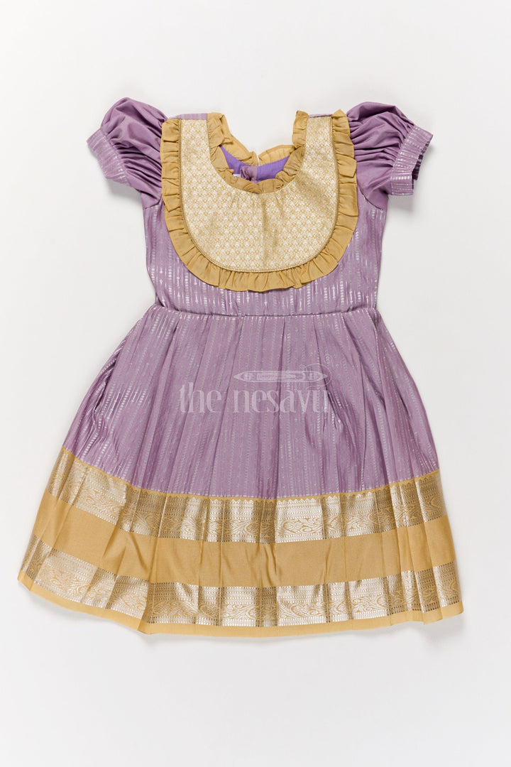 The Nesavu Girls Kanchi Silk Frock Regal Lavender Girls Kanchi Silk Frock with Gleaming Golden Zari Border for Pongal Nesavu 18 (2Y) / Purple / Style 3 SF821FC-18 Nesavu Lavender Girls Kanchi Silk Frock Zari Work Traditional Pongal Celebrations