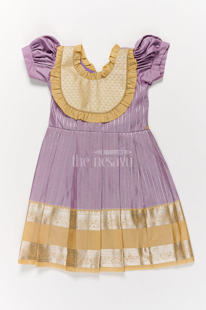 The Nesavu Girls Kanchi Silk Frock Regal Lavender Girls Kanchi Silk Frock with Gleaming Golden Zari Border for Pongal Nesavu 20 (3Y) / Purple / Style 4 SF821FD-20 Nesavu Lavender Girls Kanchi Silk Frock Zari Work Traditional Pongal Celebrations