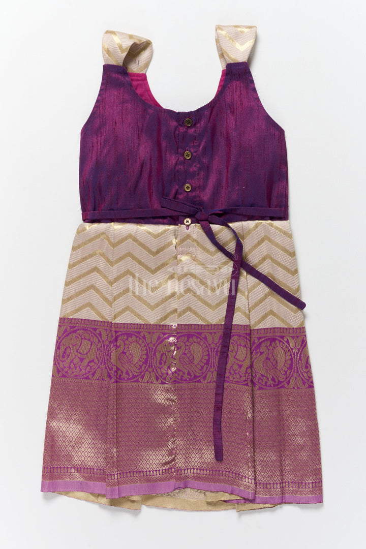 The Nesavu Silk Frock Regal Purple and Gold Jacquard Indian Frock for Girls with Intricate Border Details Nesavu Nesavus Purple Gold Jacquard Indian Frock Girls Rich Border Motifs