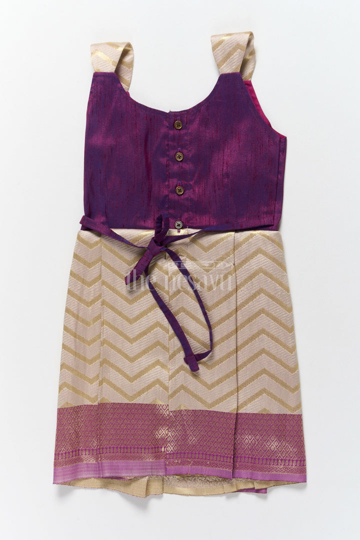 The Nesavu Silk Frock Regal Purple and Gold Jacquard Indian Frock for Girls with Intricate Border Details Nesavu Nesavus Purple Gold Jacquard Indian Frock Girls Rich Border Motifs