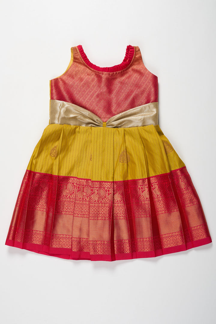 The Nesavu Girls Kanchi Silk Frock Regal Red and Yellow Silk Frock with Golden Bow Nesavu 18 (2Y) / Yellow / Style 1 SF810A-18 Regal Red and Yellow Silk Frock with Golden Bow for Kids