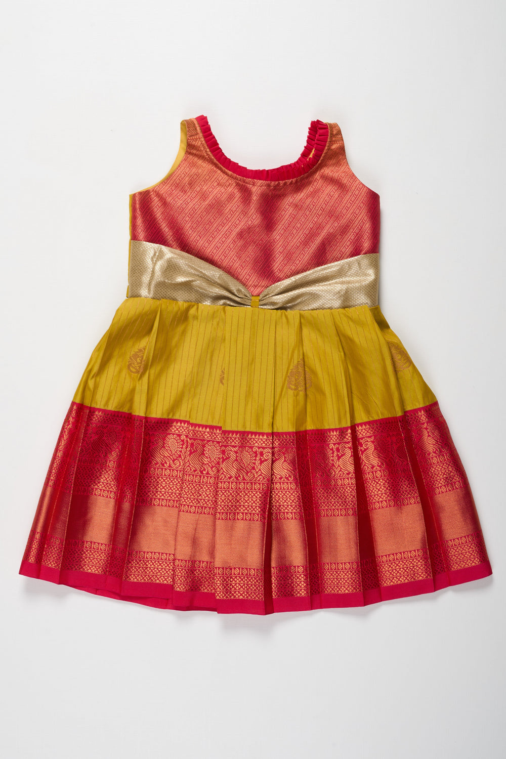 The Nesavu Girls Kanchi Silk Frock Regal Red and Yellow Silk Frock with Golden Bow Nesavu Regal Red and Yellow Silk Frock with Golden Bow for Kids