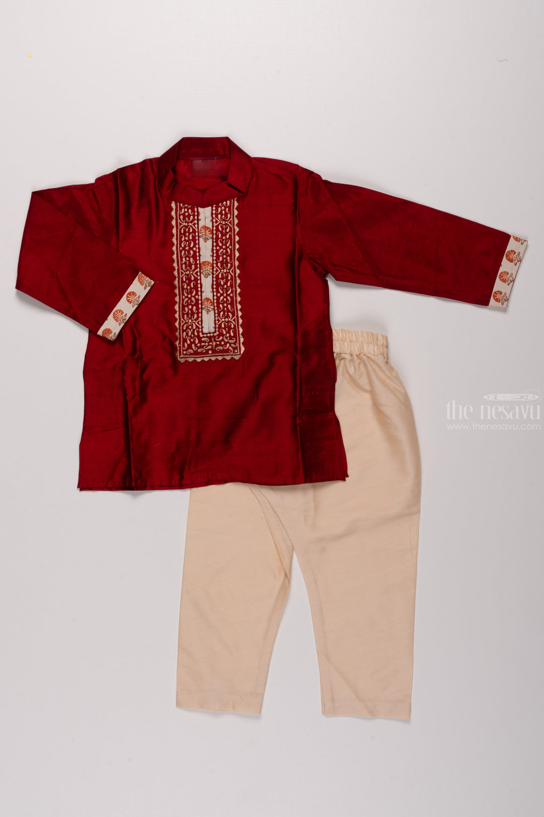 The Nesavu Boys Kurtha Set Regal Ruby: Boys Deep Maroon Kurta with Intricate Ivory Accents and Off-White Bottom Set Nesavu 14 (6M) / Maroon / Blend Silk BES428A-14 Festive Fashion for Little Heroes | Boys Kurta with Pant New Collection | The Nesavu