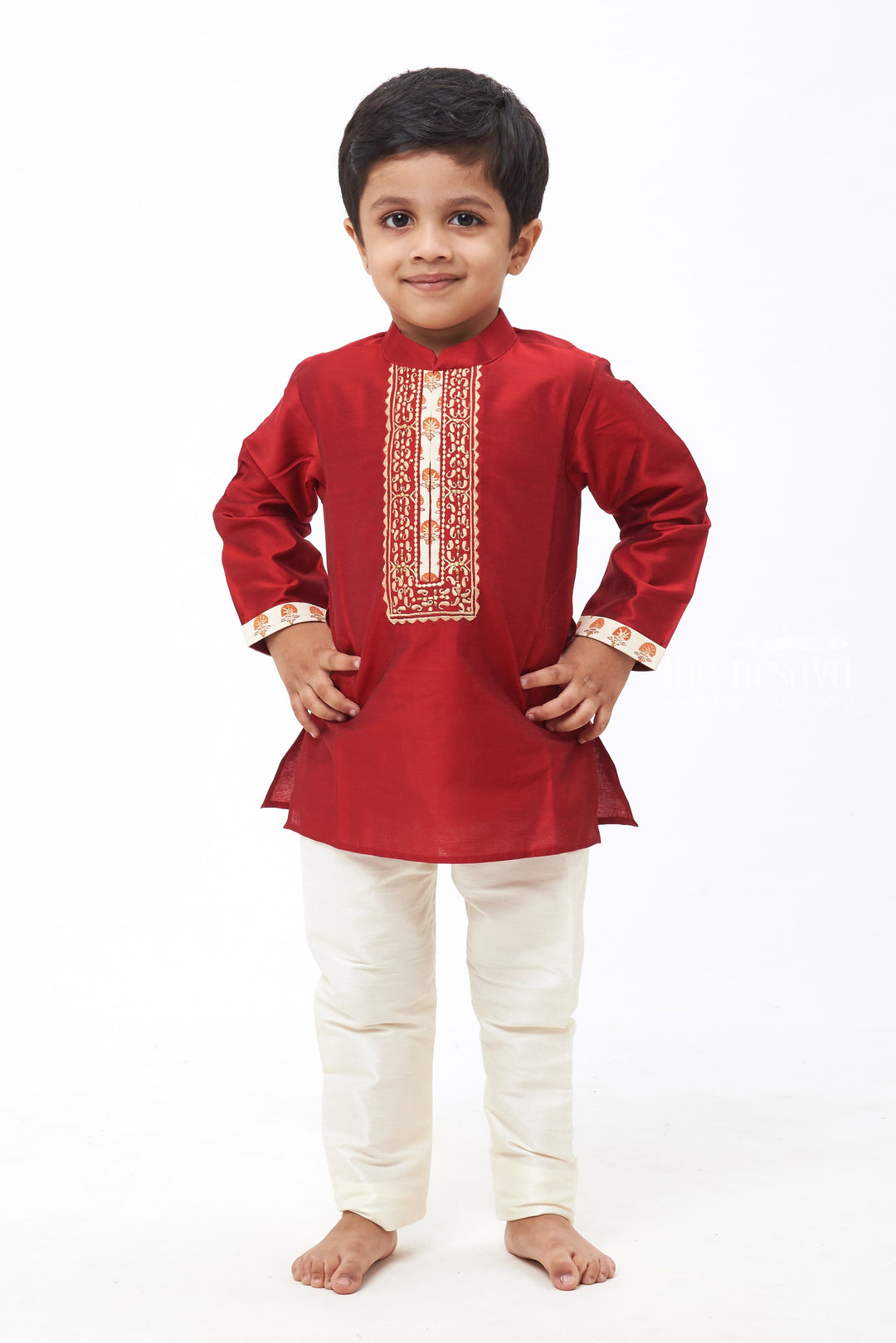 The Nesavu Boys Kurtha Set Regal Ruby: Boys Deep Maroon Kurta with Intricate Ivory Accents and Off-White Bottom Set Nesavu 14 (6M) / Maroon / Blend Silk BES428A-14 Festive Fashion for Little Heroes | Boys Kurta with Pant New Collection | The Nesavu