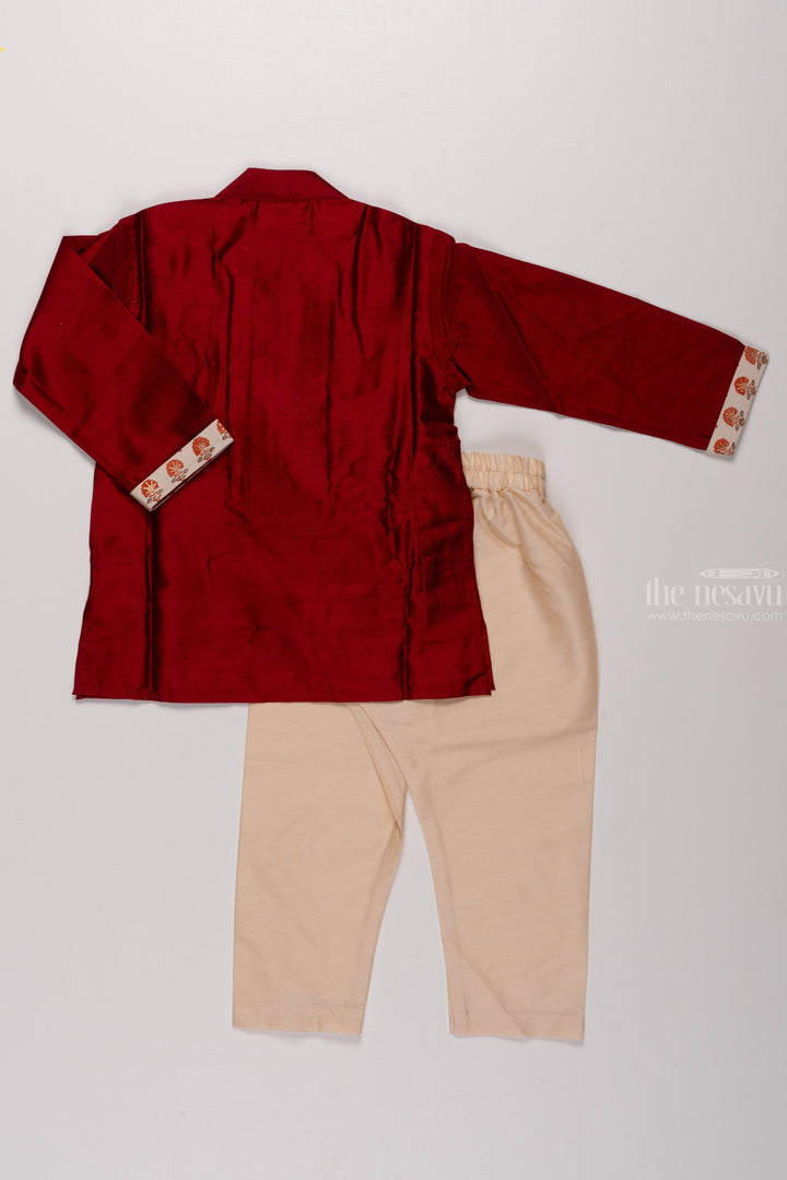 The Nesavu Boys Kurtha Set Regal Ruby: Boys Deep Maroon Kurta with Intricate Ivory Accents and Off-White Bottom Set Nesavu Festive Fashion for Little Heroes | Boys Kurta with Pant New Collection | The Nesavu