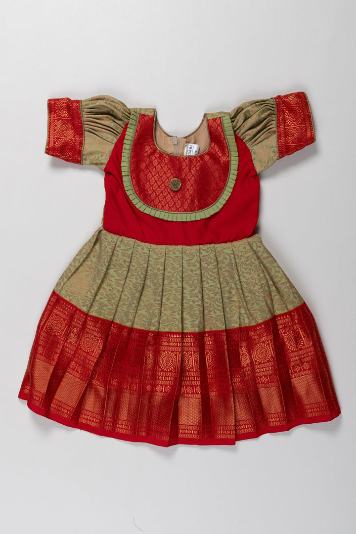 The Nesavu Girls Kanchi Silk Frock Resham Kanchivaram Silk Frock for Kids - Perfect for Annaprasana and Namkaran Nesavu 14 (6M) / Red / Style 1 SF789A-14 Resham Kanchivaram Silk Frock for Kids - Ideal for Annaprasana and Namkaran