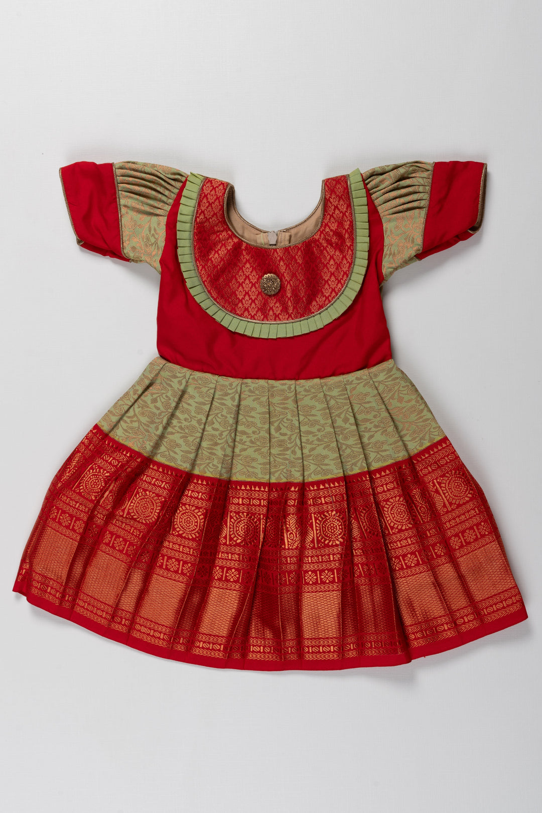 The Nesavu Girls Kanchi Silk Frock Resham Kanchivaram Silk Frock for Kids - Perfect for Annaprasana and Namkaran Nesavu 14 (6M) / Red / Style 2 SF789B-14 Resham Kanchivaram Silk Frock for Kids - Ideal for Annaprasana and Namkaran