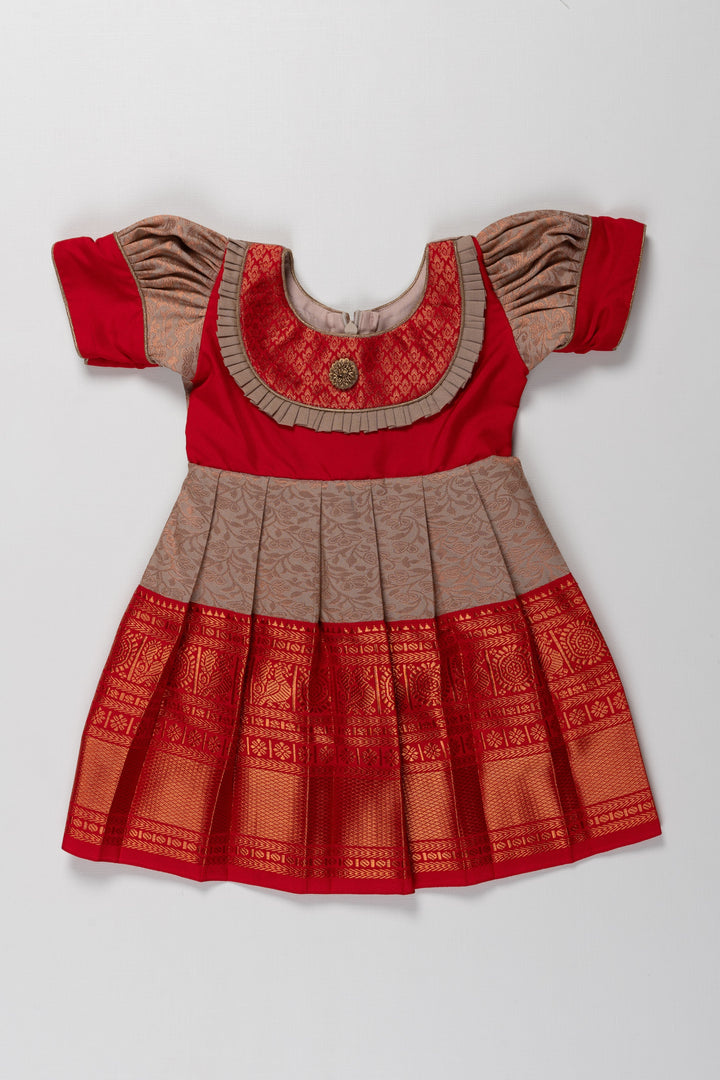 The Nesavu Girls Kanchi Silk Frock Reshme Kanchivaram Silk Frock for Kids - Suitable for Ganeshotsav Nesavu 14 (6M) / Gray / Style 2 SF799B-14 Reshme Kanchivaram Silk Frock for Kids - Ideal for Ganeshotsav