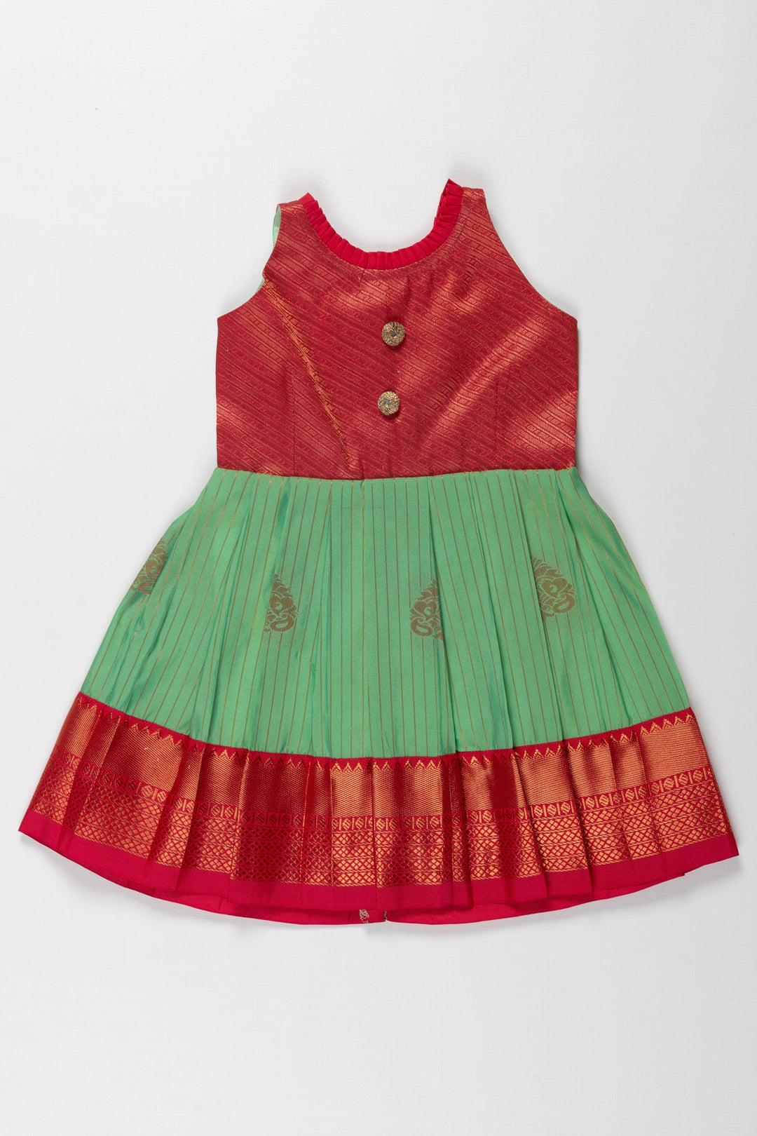 The Nesavu Girls Kanchi Silk Frock Reshme Kanchivaram Silk Frock for Kids - Suitable for Thottil Ceremony Nesavu 14 (6M) / Green / Style 3 SF793C-14 Reshme Kanchivaram Silk Frock for Kids - Ideal for Thottil Ceremony