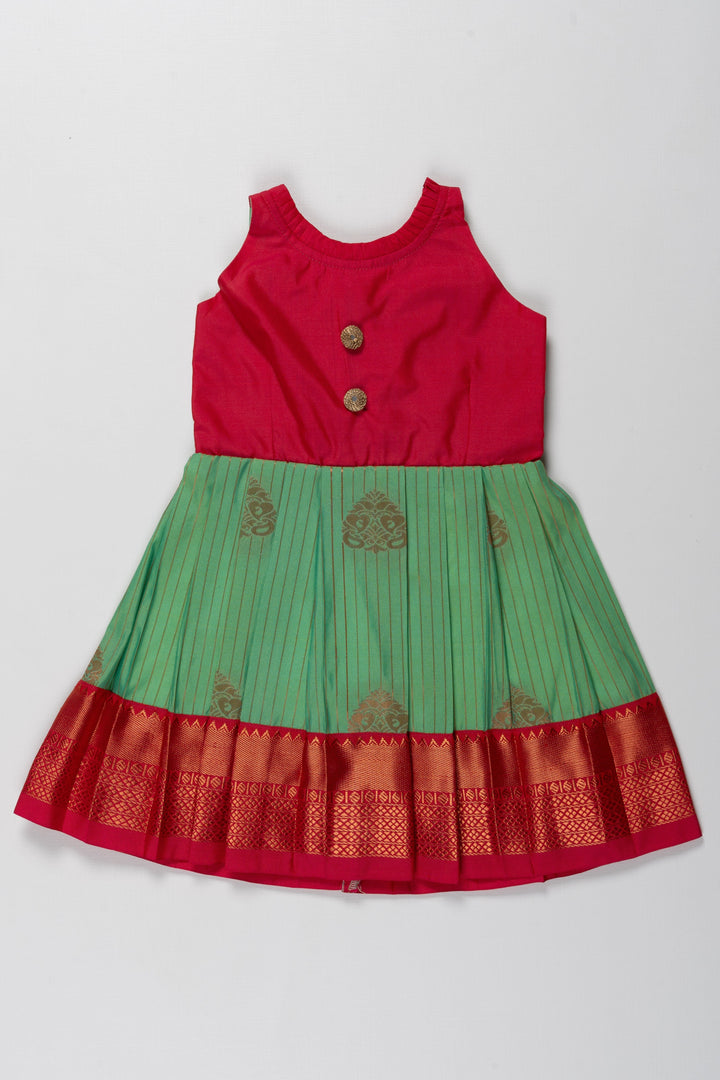 The Nesavu Girls Kanchi Silk Frock Reshme Kanchivaram Silk Frock for Kids - Suitable for Thottil Ceremony Nesavu 14 (6M) / Green / Style 4 SF793D-14 Reshme Kanchivaram Silk Frock for Kids - Ideal for Thottil Ceremony