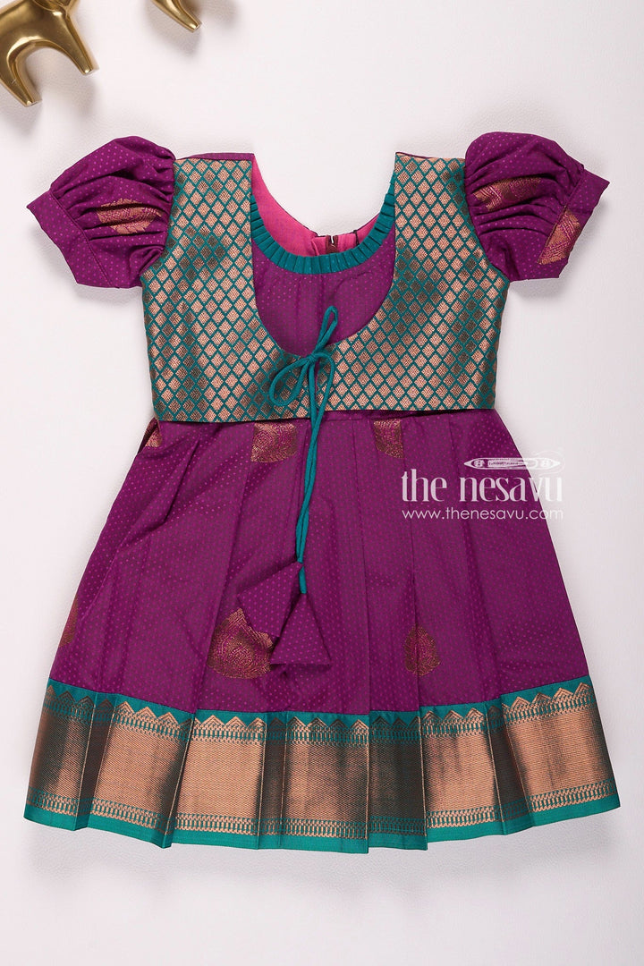 The Nesavu Girls Kanchi Silk Frock Reshmi Kanchivaram Silk Frock for Kids Perfect for Annaprashan Nesavu 14 (6M) / Purple / Style 2 SF802B-14 Reshmi Kanchivaram Silk Frock for Kids - Ideal for Annaprashan