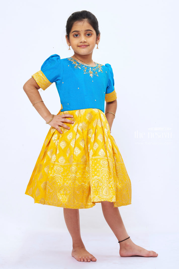 The Nesavu Silk Party Frock Royal Blue and Golden Yellow Zari Embroidered Silk Frock - Festive Elegance for Girls Nesavu Girls' Royal Blue & Golden Yellow Silk Frock | Zari Embroidered Festive Wear | The Nesavu